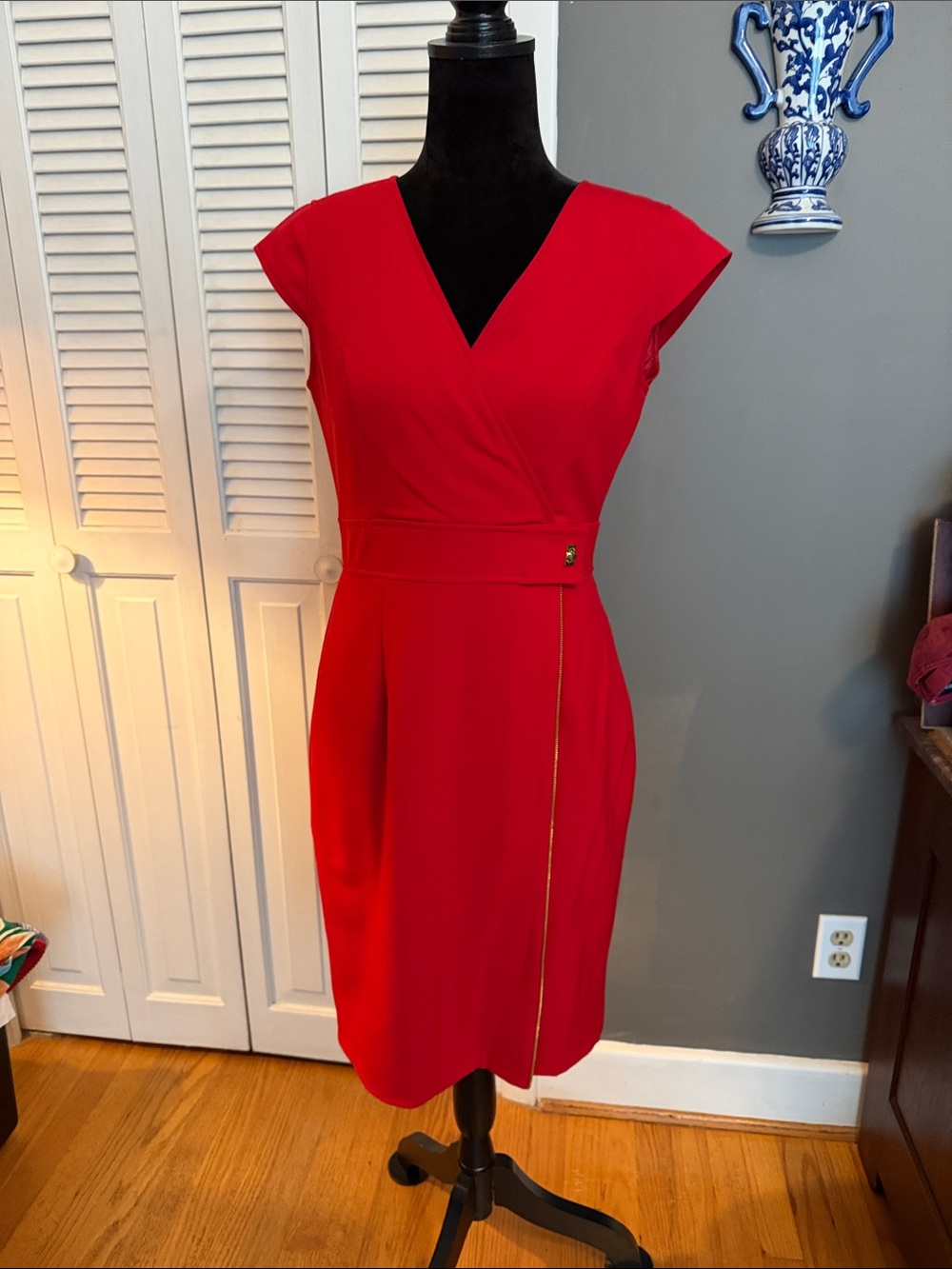 Marvin Richards Red Cap-Sleeve Sheath Dress with Gold Trim